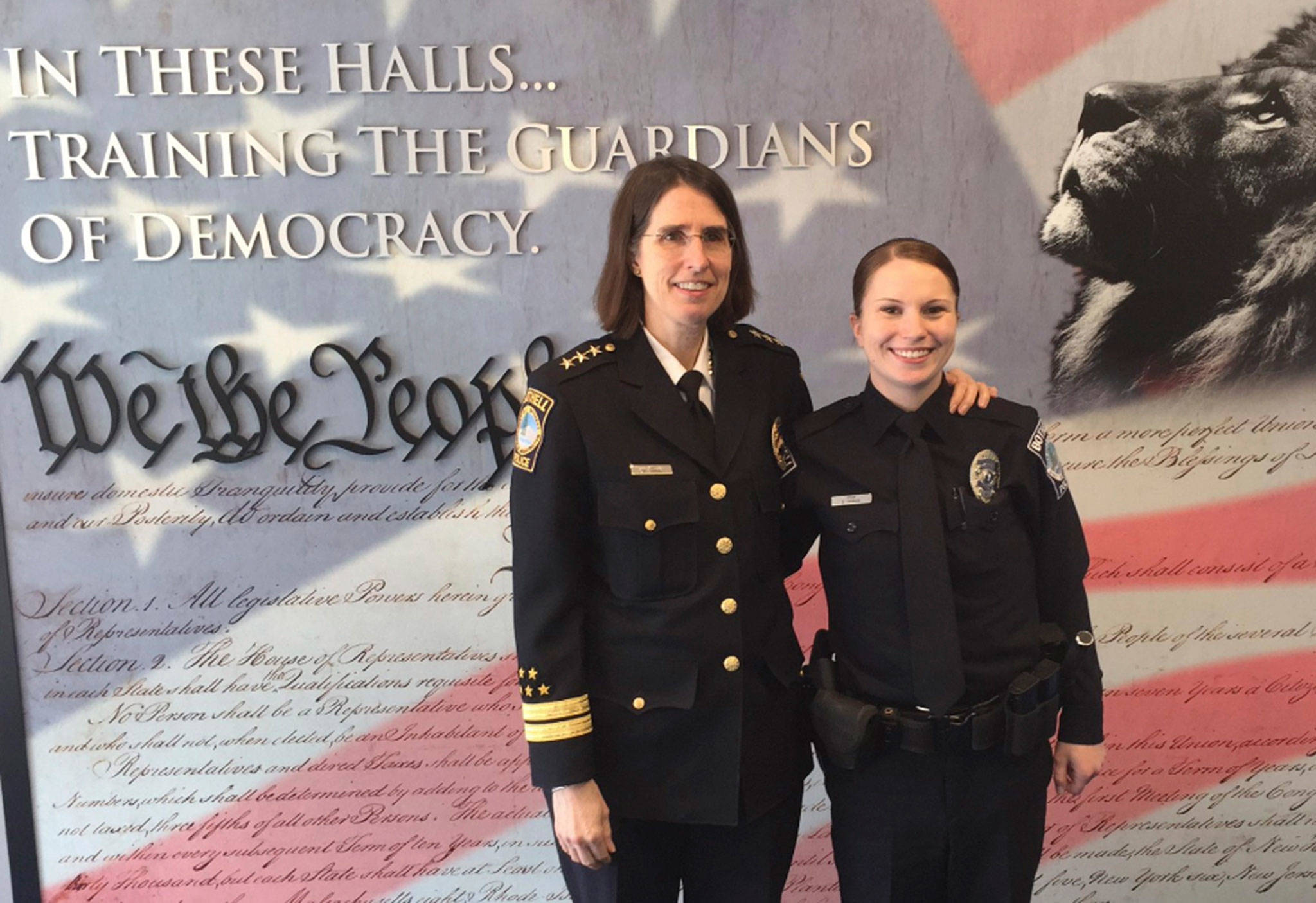 Bothell Police Chief Carol Cummings swears in new officer Brittany Johnsen in April 2015. Photo via Twitter