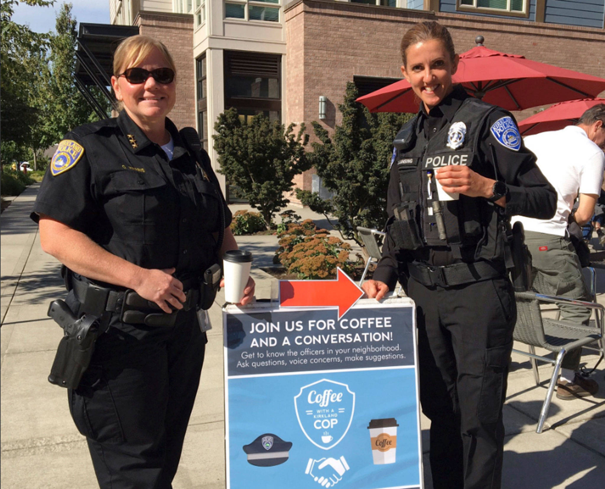 Kirkland Police Chief Cherie Harris and Officer Deanna Lansing meet the community at a Coffee with a Cop event in October 2017. Photo via Twitter