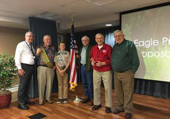 Photo courtesy of Roxanne Helleren                                 Left to right, Bob Howell, Al Smallman, Alexander Raffetto, Johnny Therrell, John Kneepkens and Bob Welsh are planning to build a bird sanctuary on the Covenant Shores campus as part of an Eagle Scout project.