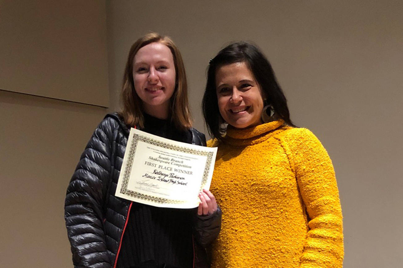 Katie Parkinson, left, is the first place winner in the annual Seattle Shakespeare Competition and will advance to the national competition in New York City. Photo courtesy of Mercer Island High School