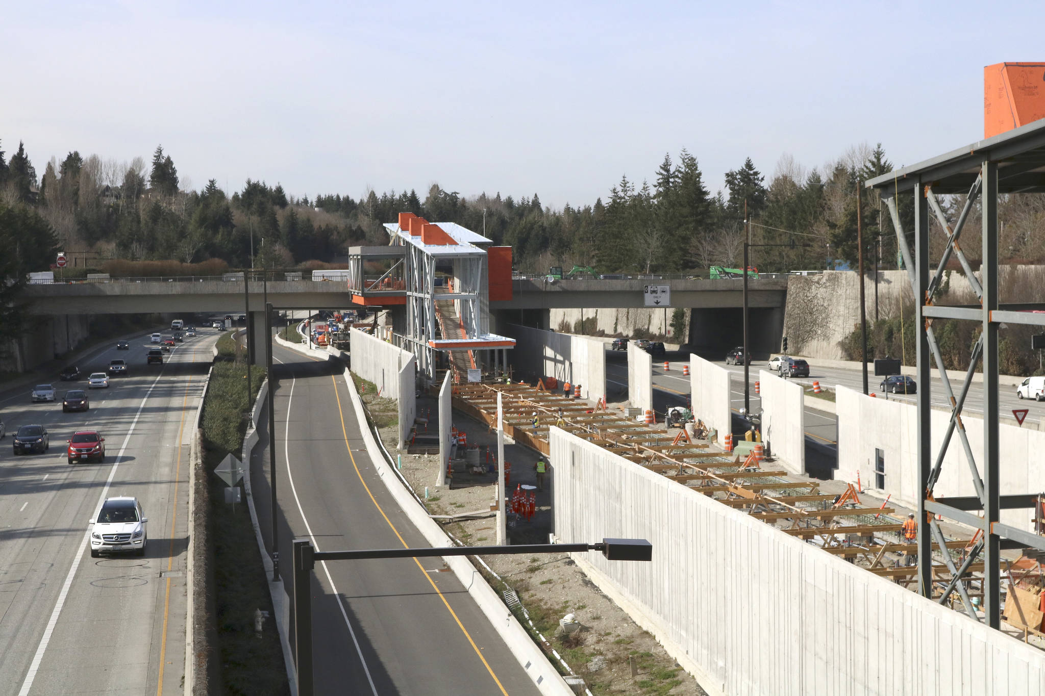 Construction crews work on the Mercer Island Station, preparing for the eventual East Link connection that will extend Seattle’s light rail to Mercer Island, Bellevue and Redmond. Kailan Manandic/Staff Photo