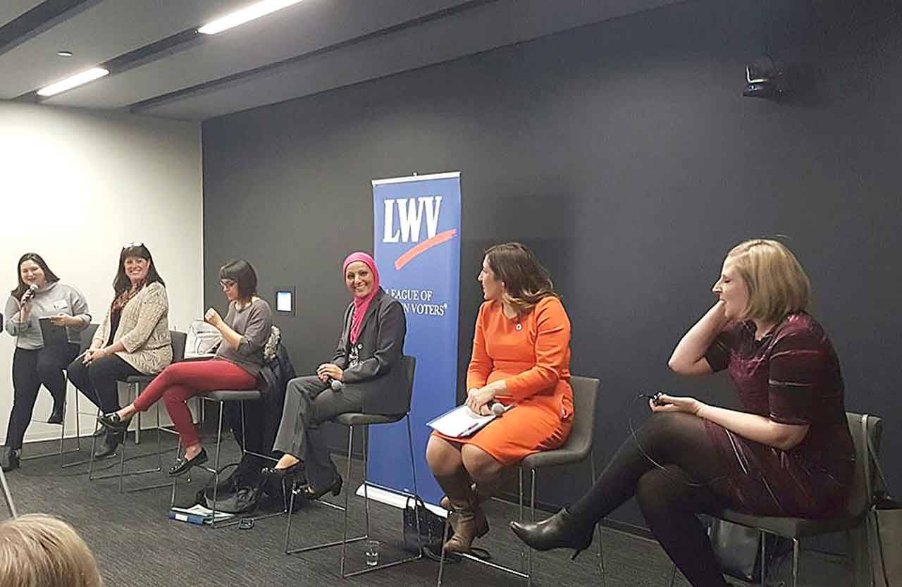 From left: moderator Alyssa Weed, King County Councilmember Claudia Balducci, The EverGrey co-founder and director Monica Guzman, Seattle City councilmember Teresa Mosqueda, and Crosscut reporter Melissa Santos. Photo courtesy of Chelsea Jordan.