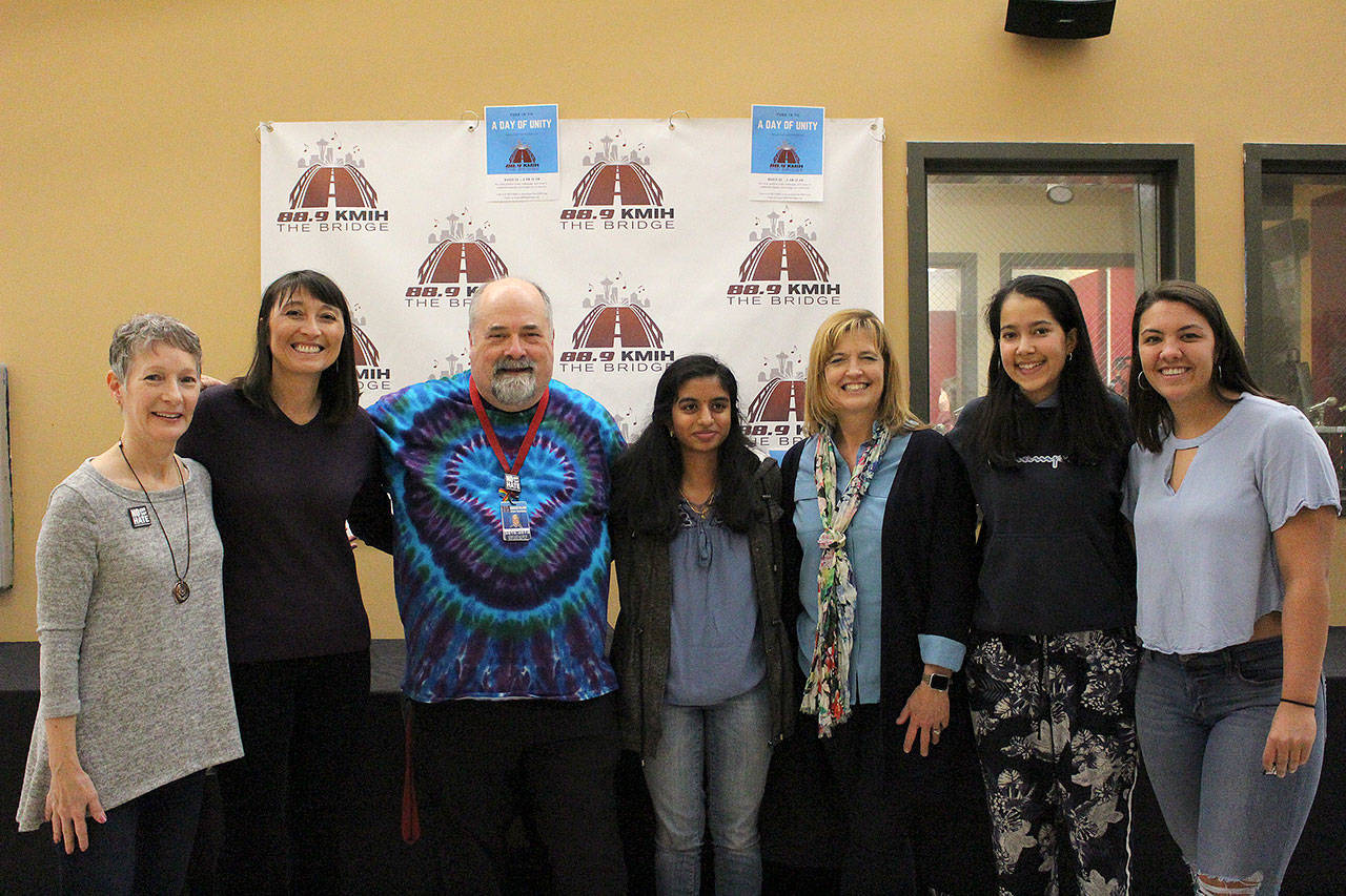 Madison Miller / staff photo                                 Mercer Island High School radio station, 88.9 KMIH The Bridge hosts “Day of Unity” is wake of recent anti-semitic incident. From left: ADL education director Hilary Bernstein, Mercer Island City Manager Julie Underwood, MIHS broadcast teacher and KMIH general manager Joe Bryant, student Meghana Kakubal, MISD superintendent Donna Colosky, student Lila Shroff and student Natalie Wilson.