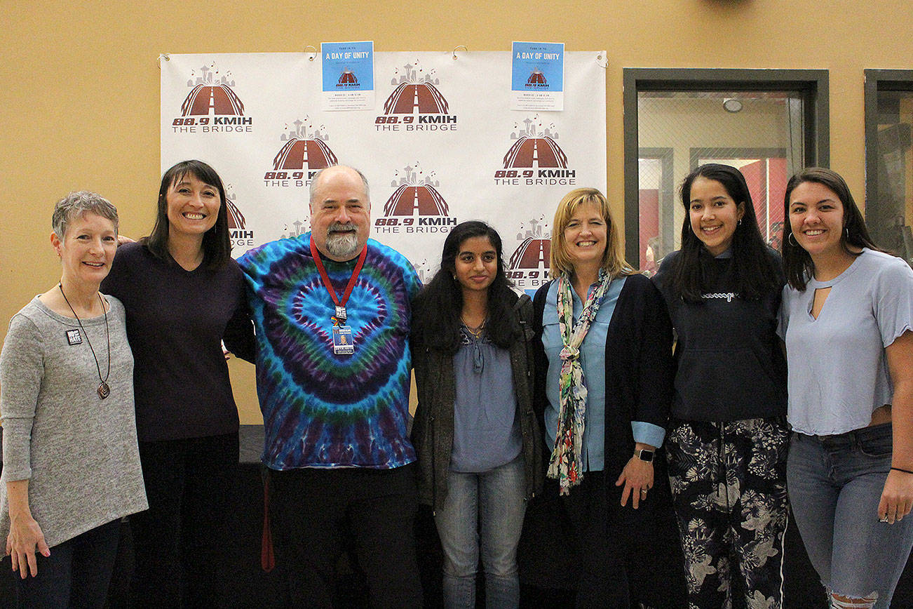 Madison Miller / staff photo                                 Mercer Island High School radio station, 88.9 KMIH The Bridge hosts “Day of Unity” is wake of recent anti-semitic incident. From left: ADL education director Hilary Bernstein, Mercer Island City Manager Julie Underwood, MIHS broadcast teacher and KMIH general manager Joe Bryant, student Meghana Kakubal, MISD superintendent Donna Colosky, student Lila Shroff and student Natalie Wilson.