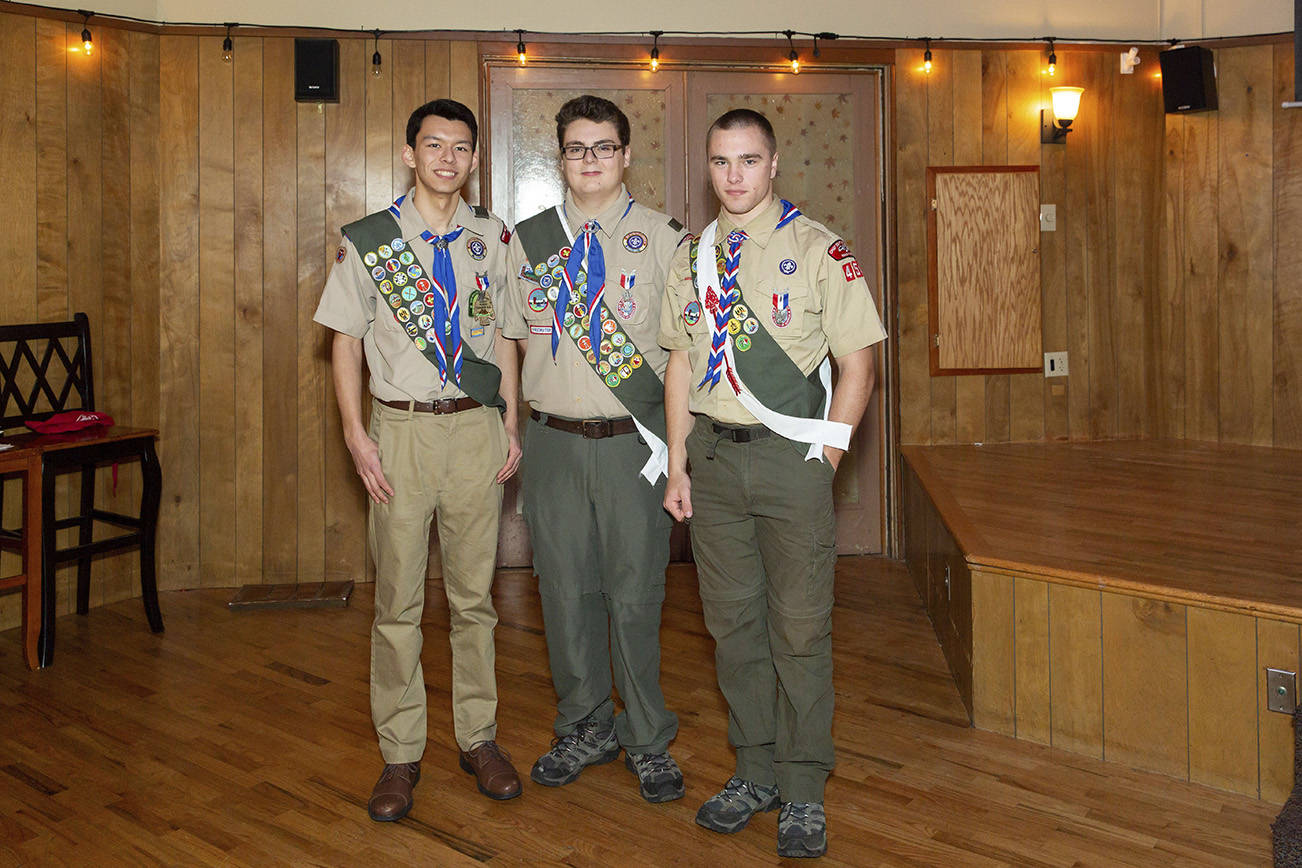 Photo courtesy of Tsering Yuthok Short                                 Three Boy Scouts from Troop 457 earned Eagle Scout. They are, from left, R. Grady Short, Cosmo K. Neames and Mark O. Mangino.