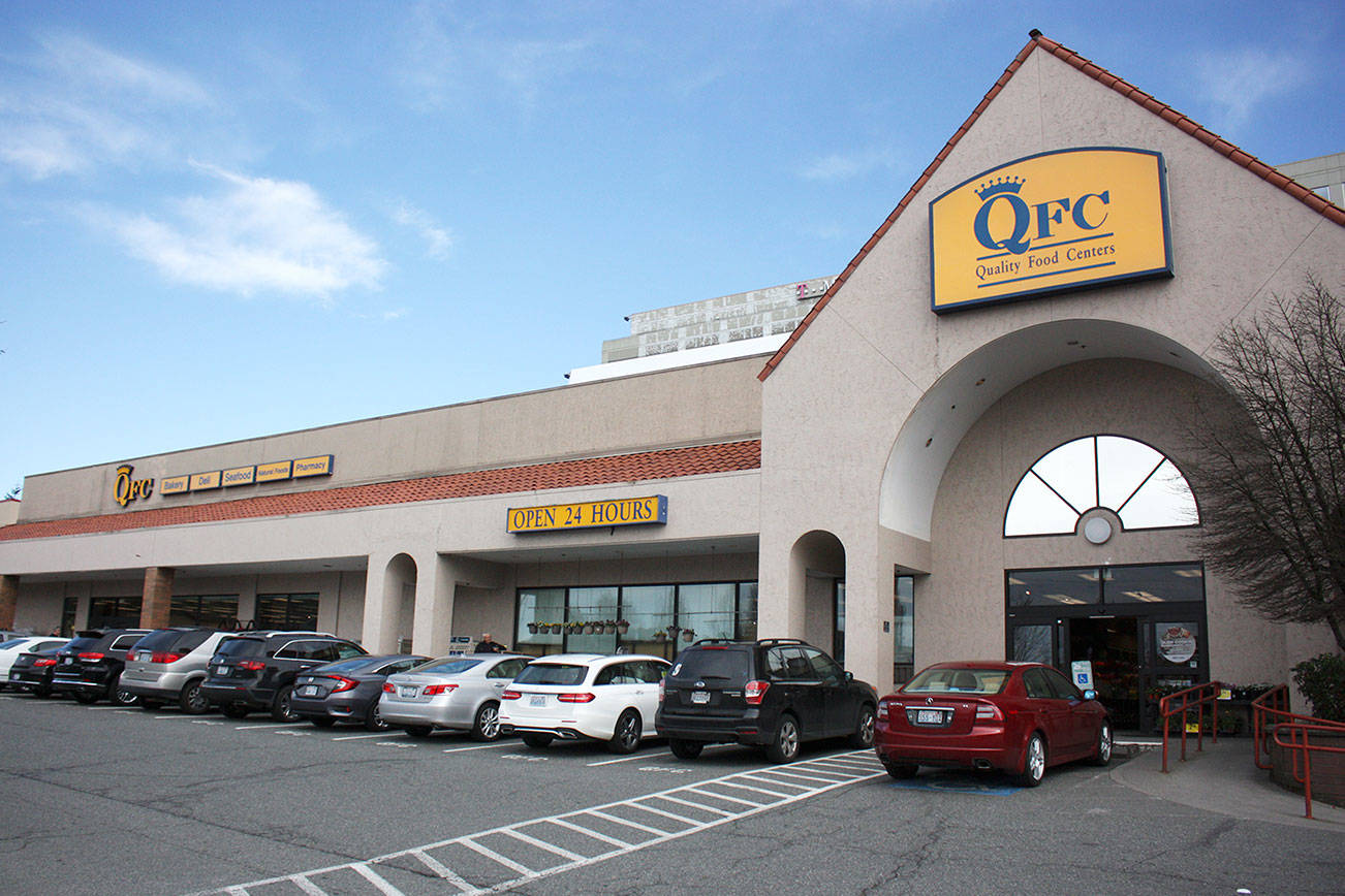 The Factoria QFC (pictured here) was part of the phase out pilot last November that included five other locations in the area. Currently, the stores only have paper bags and offer reusable bags for purchase at the checkout aisles. Kailan Manandic / staff photo