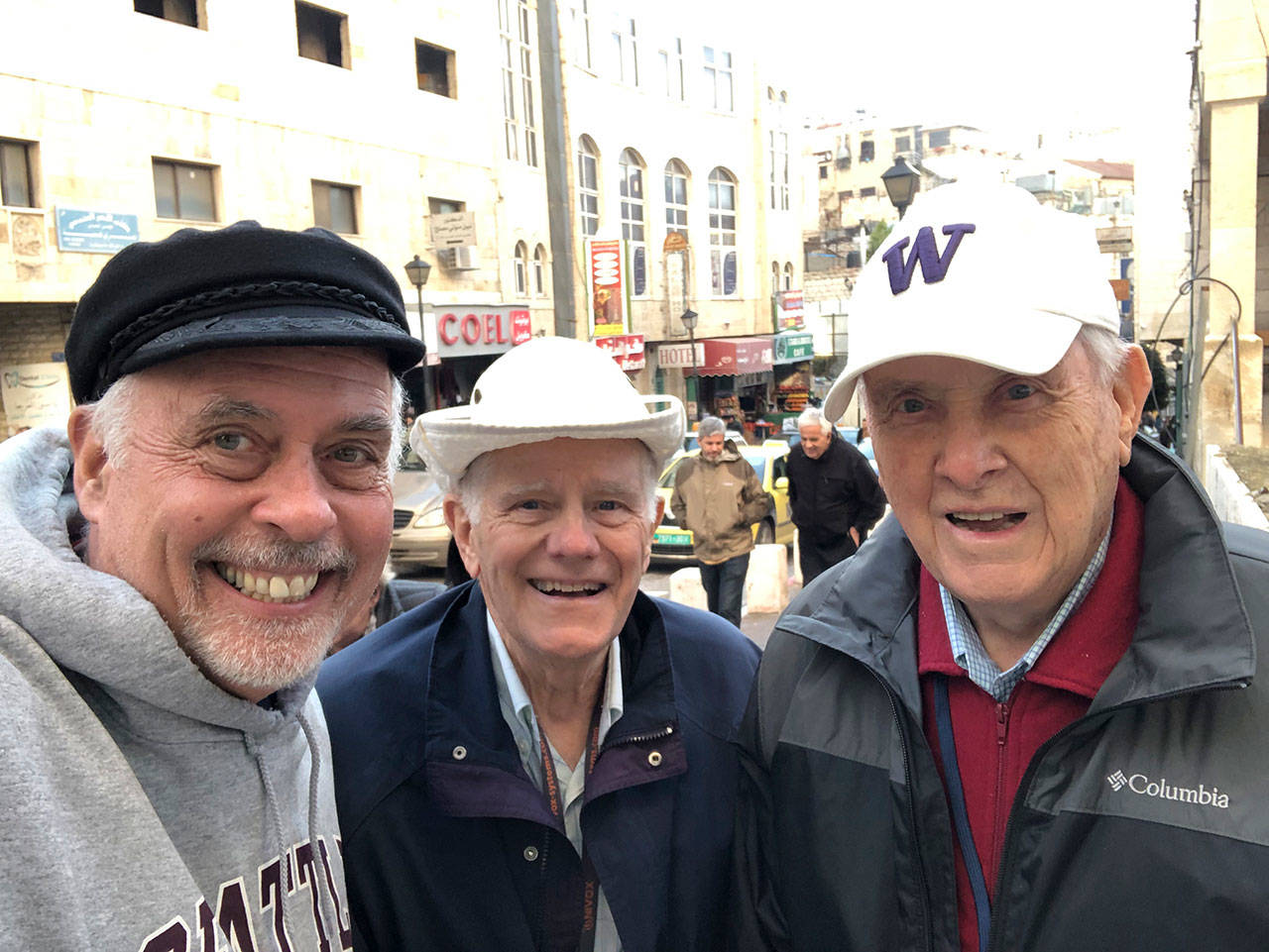 Covenant Shores Chaplain Greg Asimakoupoulos and residents Bob Weber, 92, and Clark Hoffman, 91, recently traveled to Israel. Photo courtesy of Greg Asimakoupoulos