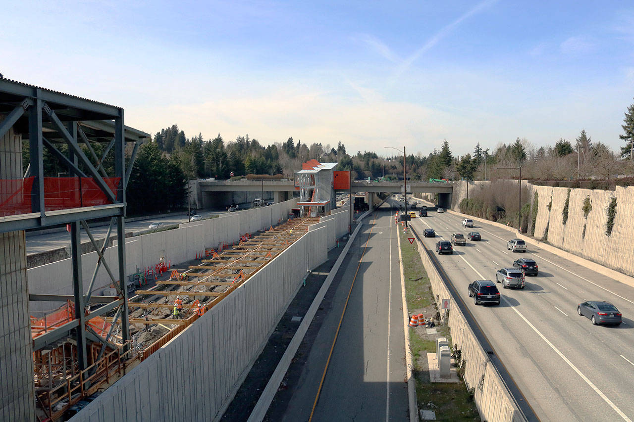 Sound Transit crews are nearly finished with the Mercer Island Station as the East Link project hits 50 percent completion. The station will be one of 10 between Seattle and Redmond served by the Blue Line in 2023. Kailan Manandic / staff photo