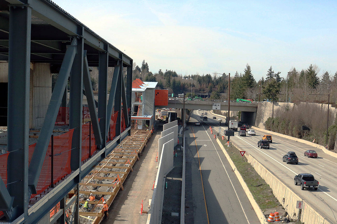 Sound Transit crews are nearly finished with the Mercer Island Station as the East Link project hits 50 percent completion. The station will be one of 10 between Seattle and Redmond served by the Blue Line in 2023. Kailan Manandic / staff photo