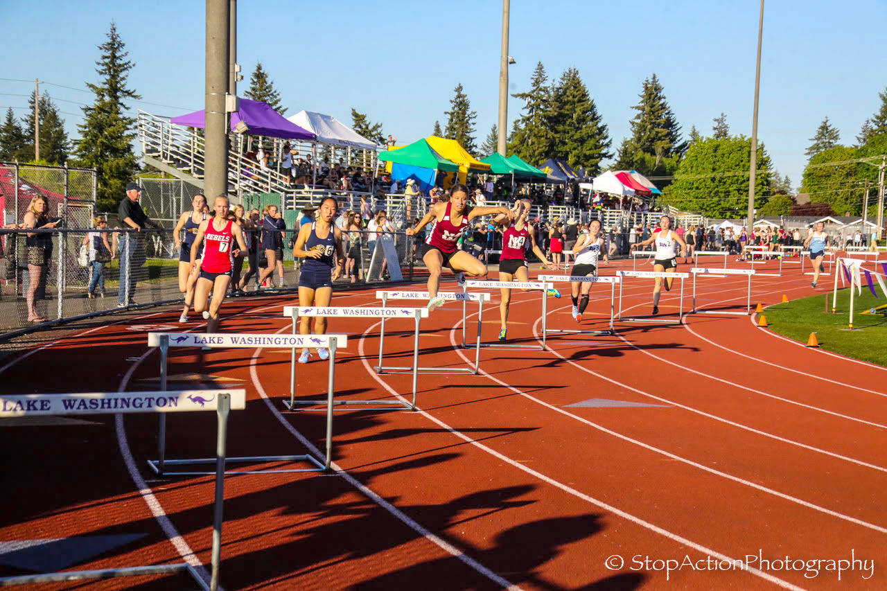 Mercer Island junior Maya Virdell (pictured) captured first place in the 300 hurdles at the 3A KingCo track meet at Lake Washington High School in Kirkland. Photo courtesy of Don Borin/Stop Action Photography