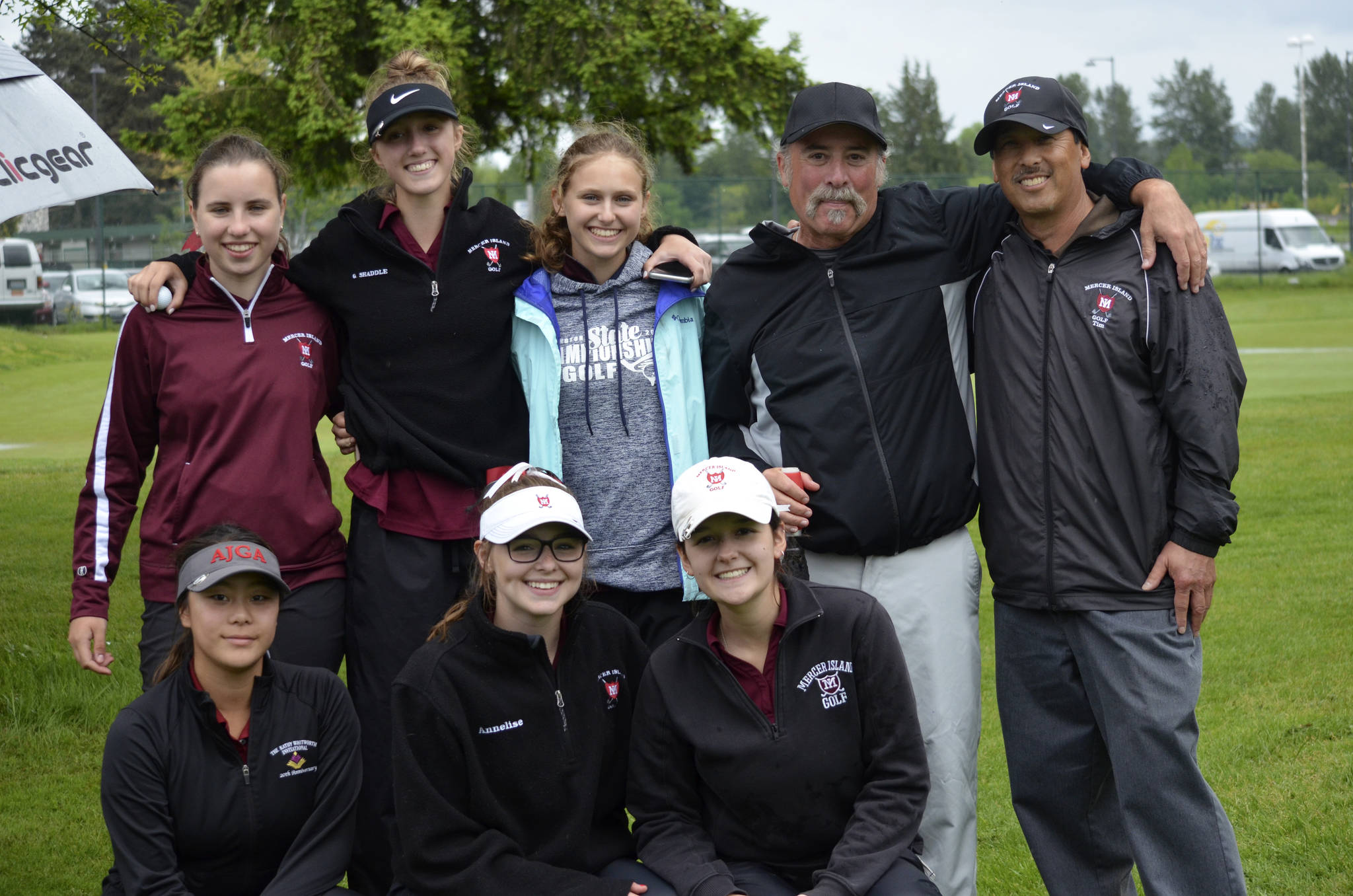 The Mercer Island Islanders girls golf team captured third place as a team at the 2019 3A Sea-King girls district golf tournament on May 13. The third place finish ensured the Islanders varsity golf team a berth at the Class 3A state tournament. Islanders’ golfers pictured in the above photo are Gihoe Seo, Annelise Rorem, Katelyn Travis, Yumi Baston, Grace Shaddle and Lilly Pruchno. Mercer Island coaches Don Papasedero and Tim Okamura are pictured on the right.