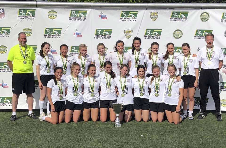 The Mercer Island FC Maroon girls soccer team earned a 2-1 victory against the PacNW Blue in the President’s Cup D2 championship contest May 12. Photo courtesy of Tom Hill