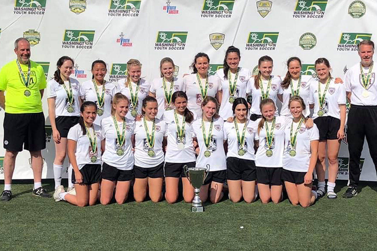 The Mercer Island FC Maroon girls soccer team earned a 2-1 victory against the PacNW Blue in the President’s Cup D2 championship contest May 12. Photo courtesy of Tom Hill