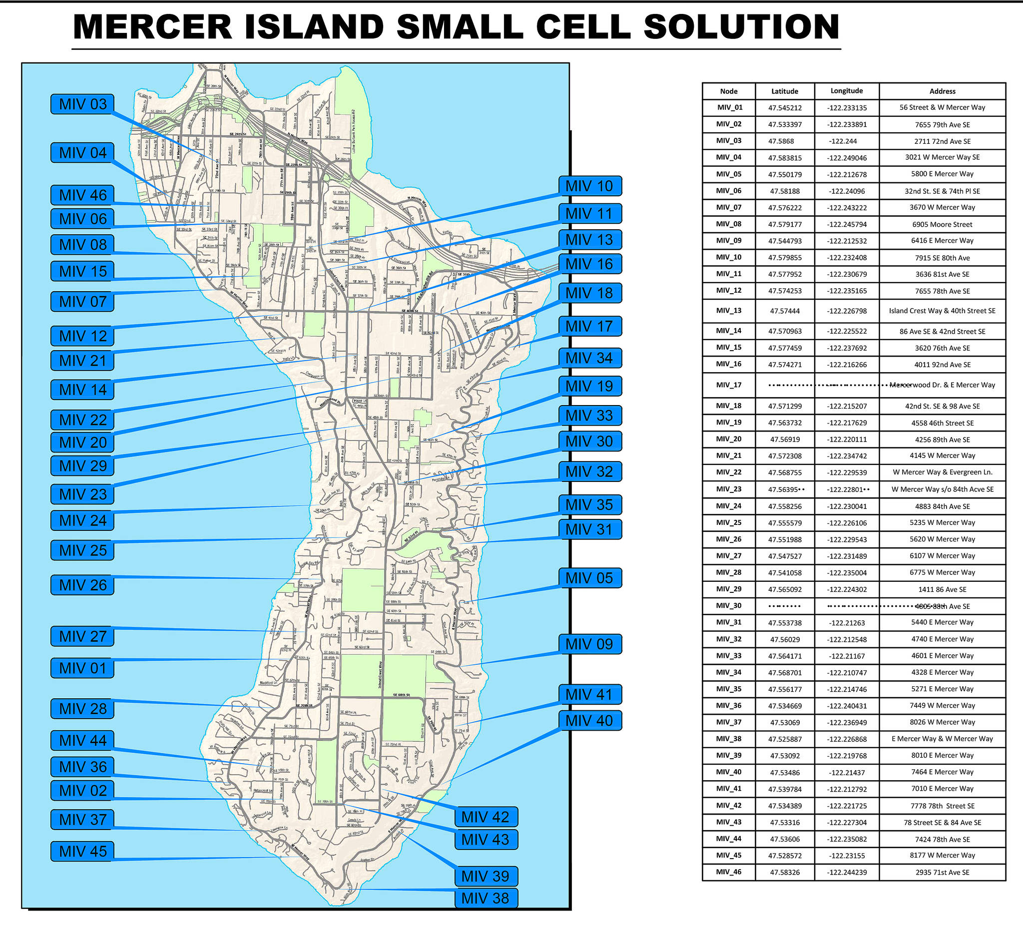 Mercer Island included a detailed map of where Verizon intends to install small cells throughout the city. Mercer Island / courtesy graphic