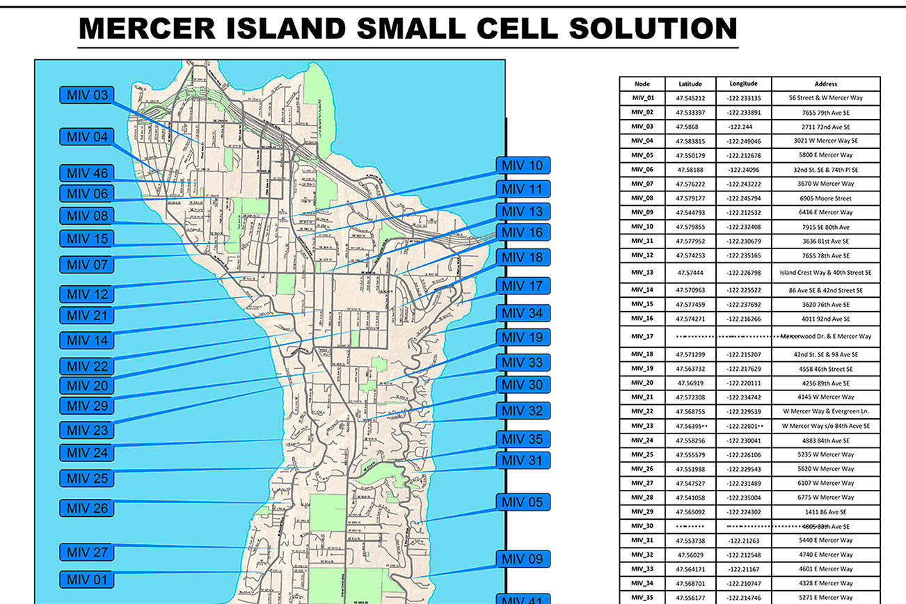 Mercer Island included a detailed map of where Verizon intends to install small cells throughout the city. Mercer Island / courtesy graphic