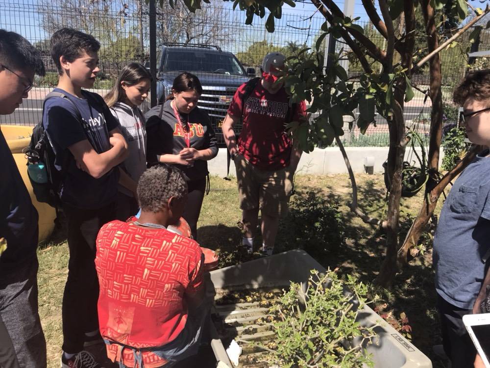 Students from Mercer Island High School’s Margins program met with various nonprofit organizations in Los Angeles, including Watts Towers, where they speak with a representative about the organization’s sustainable garden. Photo courtesy of Nick Wold/Mercer Island High School
