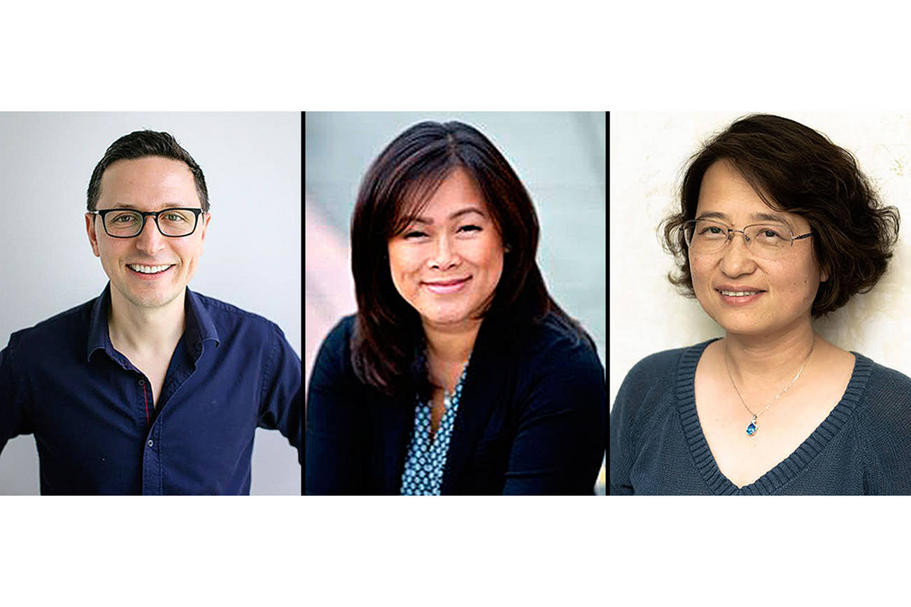 From left, John Rivera-Dirks, Tam Dinh and Linhui Hao are all vying for an open school board seat in the Mercer Island School District.