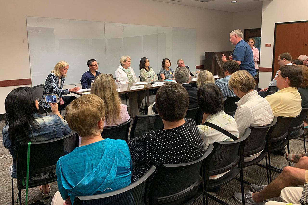 A full room of Mercer Island residents questioned candidates running for City Council Pos. 7 and School Board Pos. 5. Madeline Coats/staff photo                                 Six candidates sat in a panel at Mercer Island Library on July 15. They discussed their various perspectives on issues facing the community. Madeline Coats/staff photo