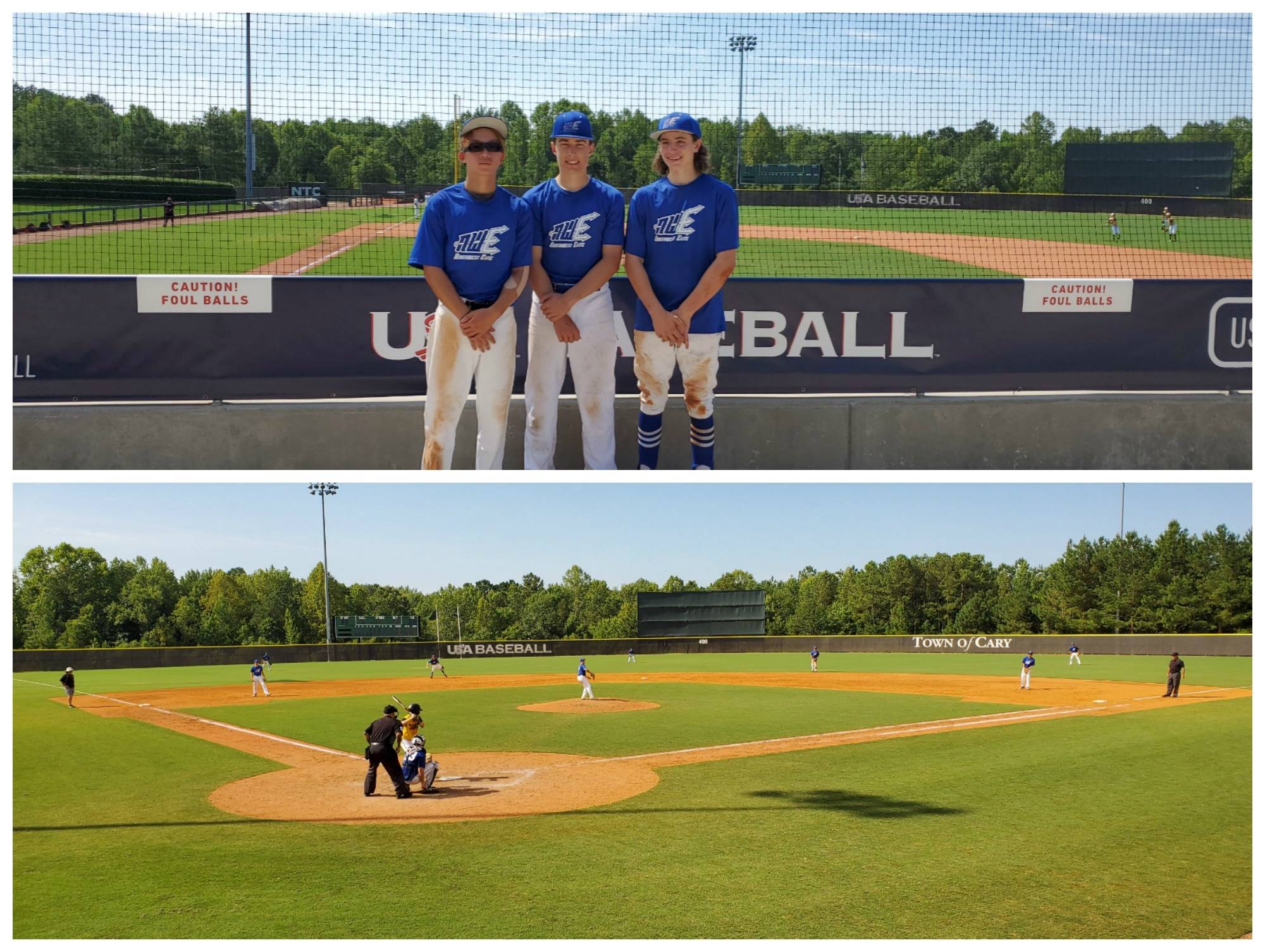 Top, from left to right, Edgar Nakamura, Austin Cupic and Max Clark. Bottom, in the field, there’s Cupic at third base, Clark at shortstop and Nakamura at first base. Photos courtesy of Joe Gray