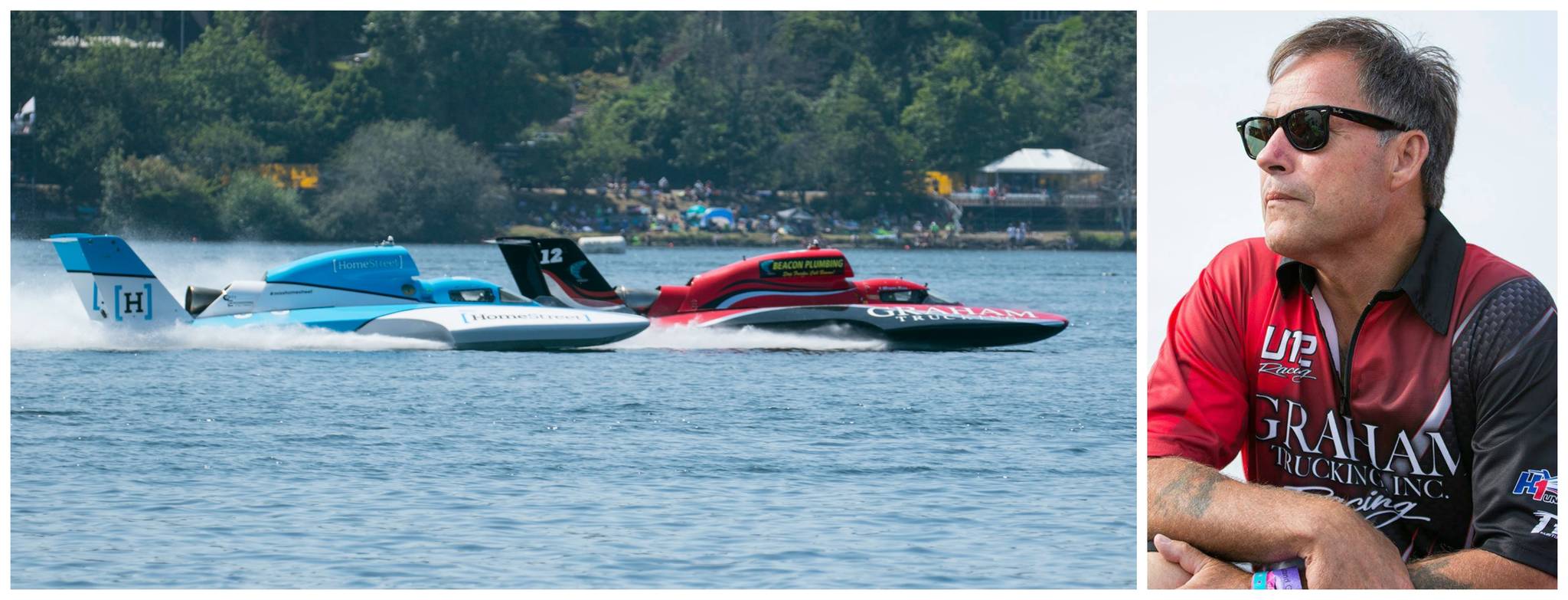 J. Michael Kelly from Bonney Lake drives the U-12 Graham Trucking H1 Unlimited hydroplane (right in race photo) to victory in the HomeStreet Bank Cup at Seafair on Aug. 4. The hydro and team is owned by Mercer Island resident Rob Graham (pictured at far right). Photos courtesy of Owen Blauman and Craig Barney