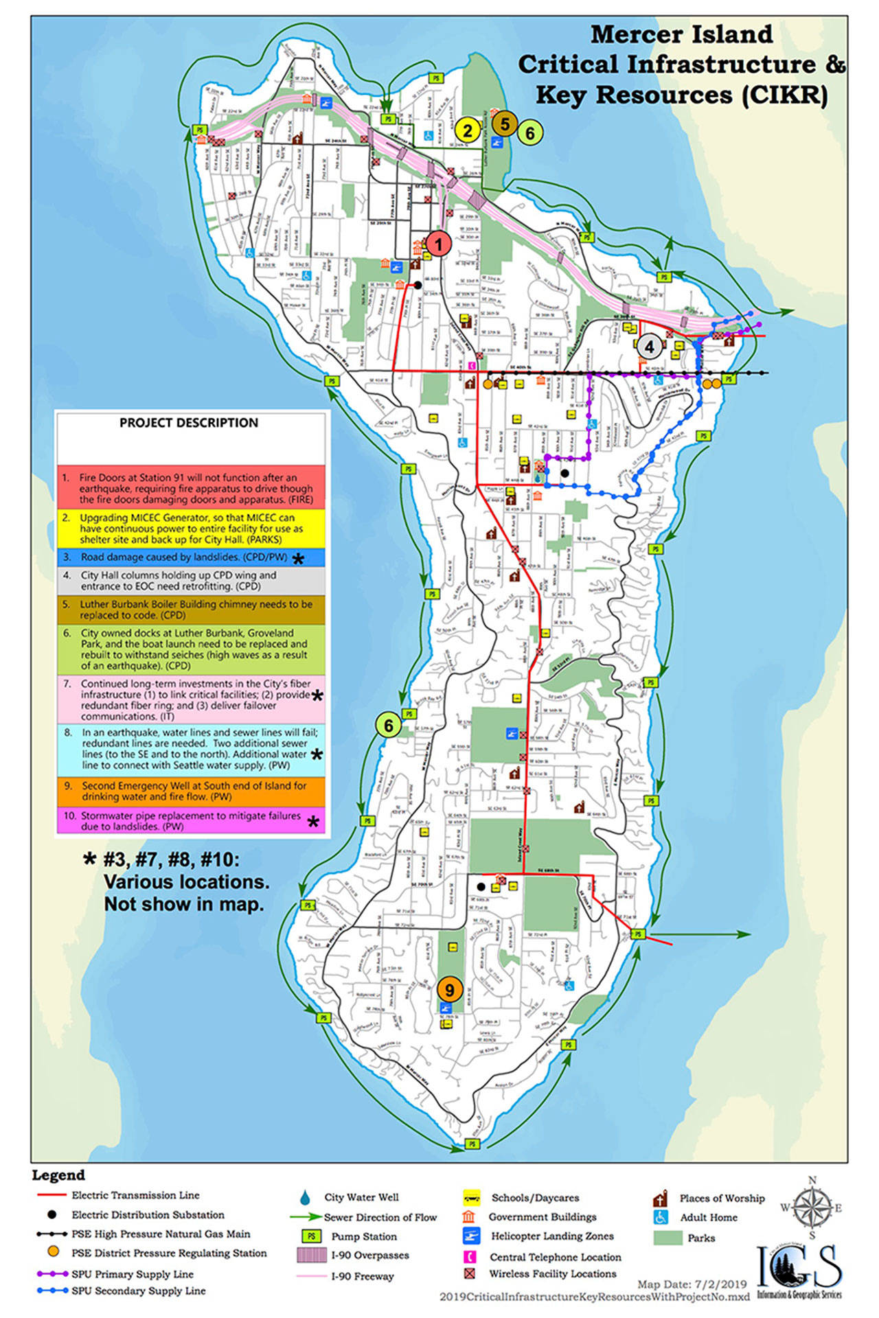 The map shows ten areas of Mercer Island that require critical infrastructure and resources, should a natural disaster occur. Photo courtesy of the city of Mercer Island