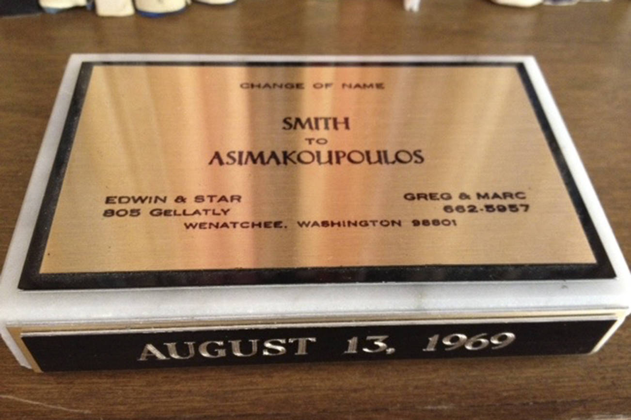 Photo courtesy of Greg Asimakoupoulos                                A plaque commemorating the date the Asimakoupoulos family changed its name.