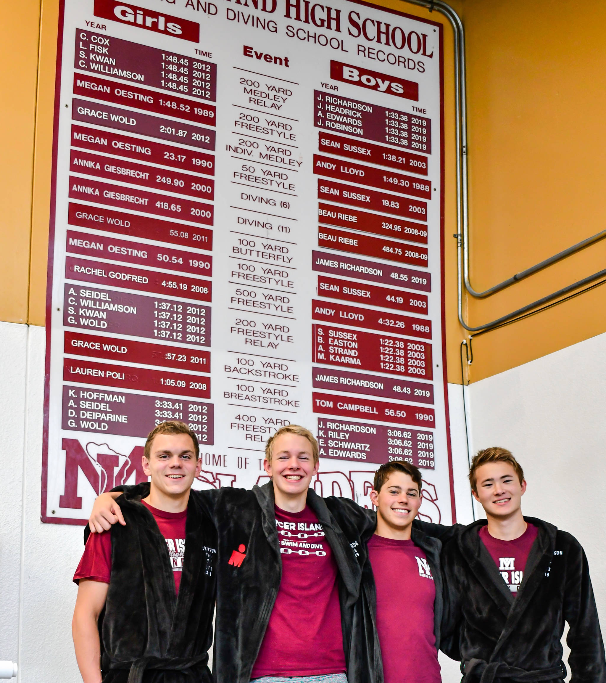 Members of the record-setting Mercer Island High 2018-2019 high school All-American 200 medley relay: Left to right, Justin (Nate) Robinson, Alex Edwards, Jake Headrick and James Richardson. Photo courtesy of Scott Richardson