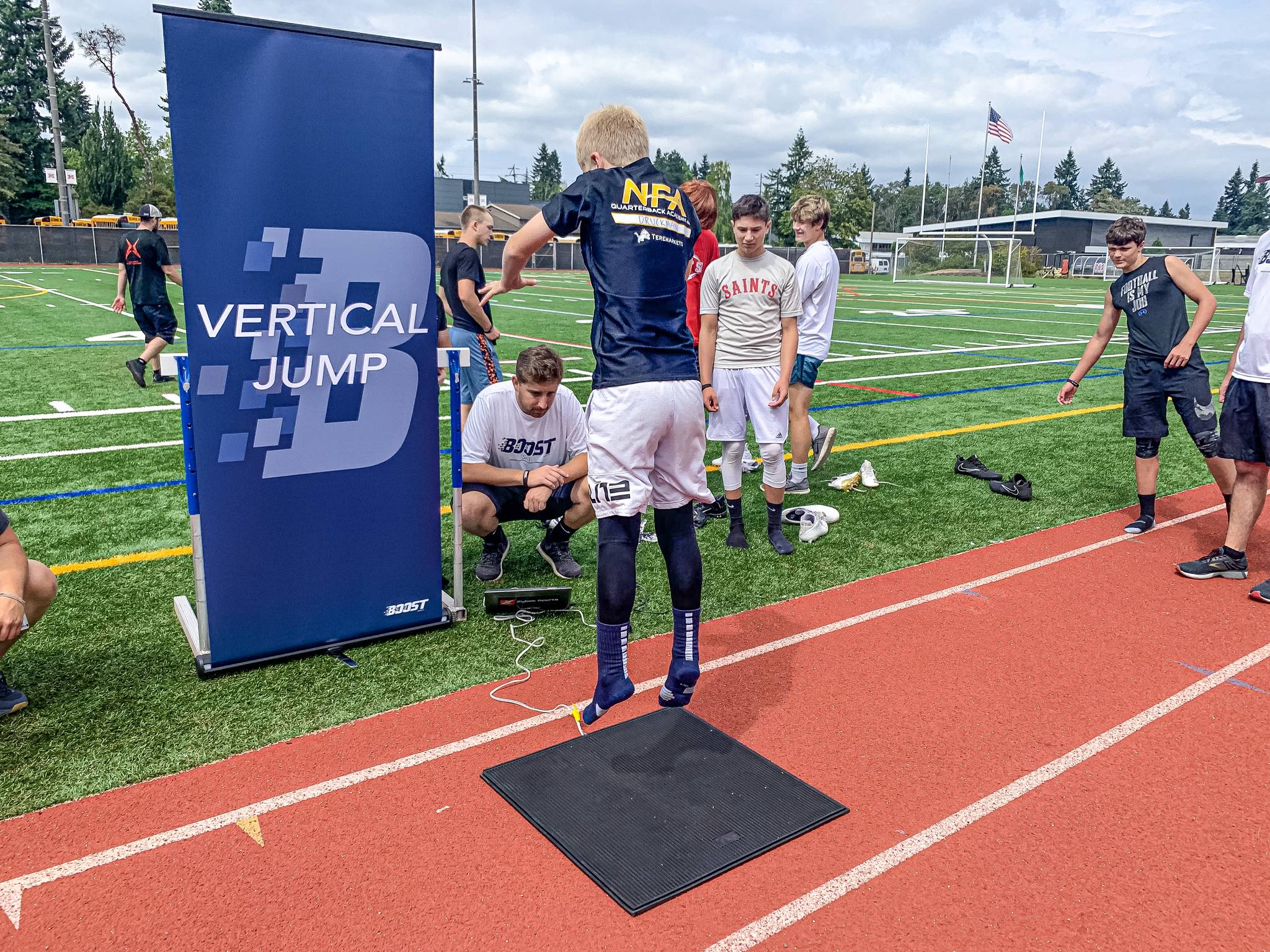 An athlete displays his jumping ability at an NFL-style combine on Aug. 17 at Mercer Island High. Photo courtesy of Zybek Sports