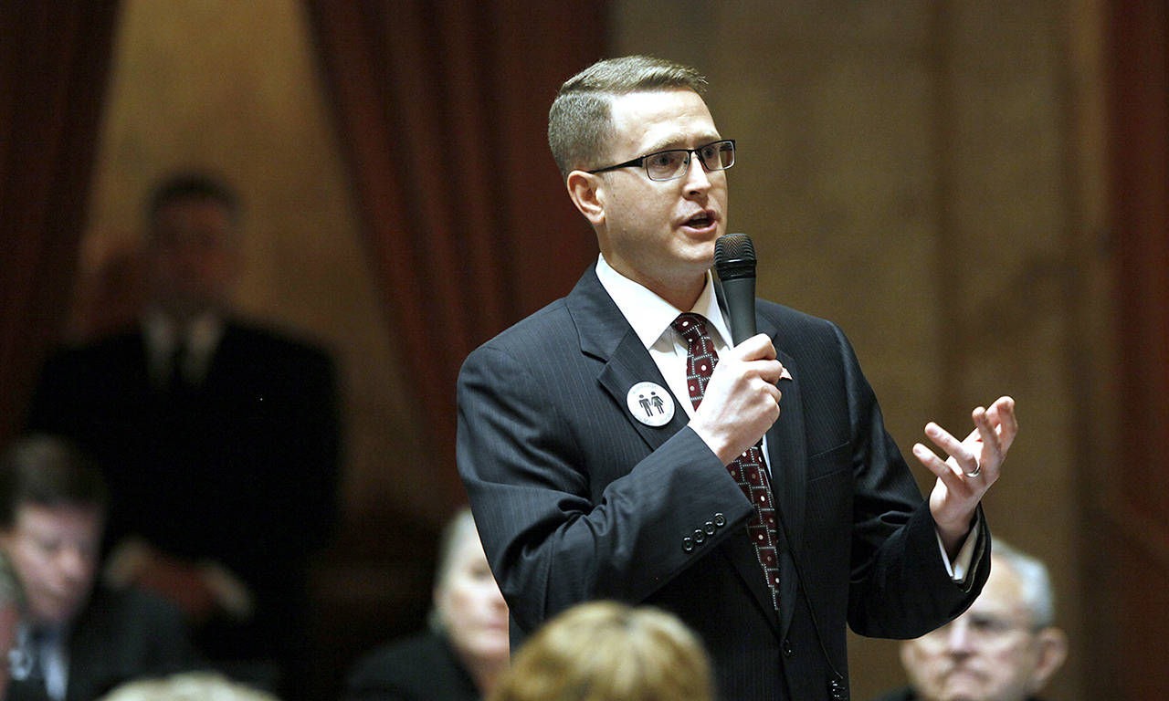 In this 2012 photo, Rep. Matt Shea speaks in Olympia. Newly leaked emails show that Shea has had close ties with a group that trained children and young men for religious combat. (AP Photo/Elaine Thompson,File)