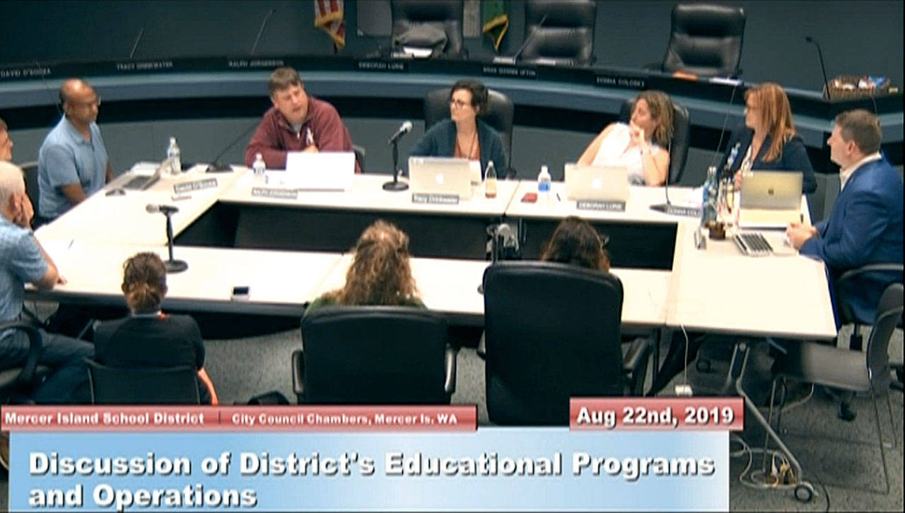 The Mercer Island school board invited the Island community to a linkage session at the last board meeting on Aug. 22. at city hall. From left: school board members David D’Souza, Ralph Jorgenson, Tracy Drinkwater, Deborah Lurie, superintendent Donna Colosky and Brian Giannini Upton. Photo captured from MISD board docs video