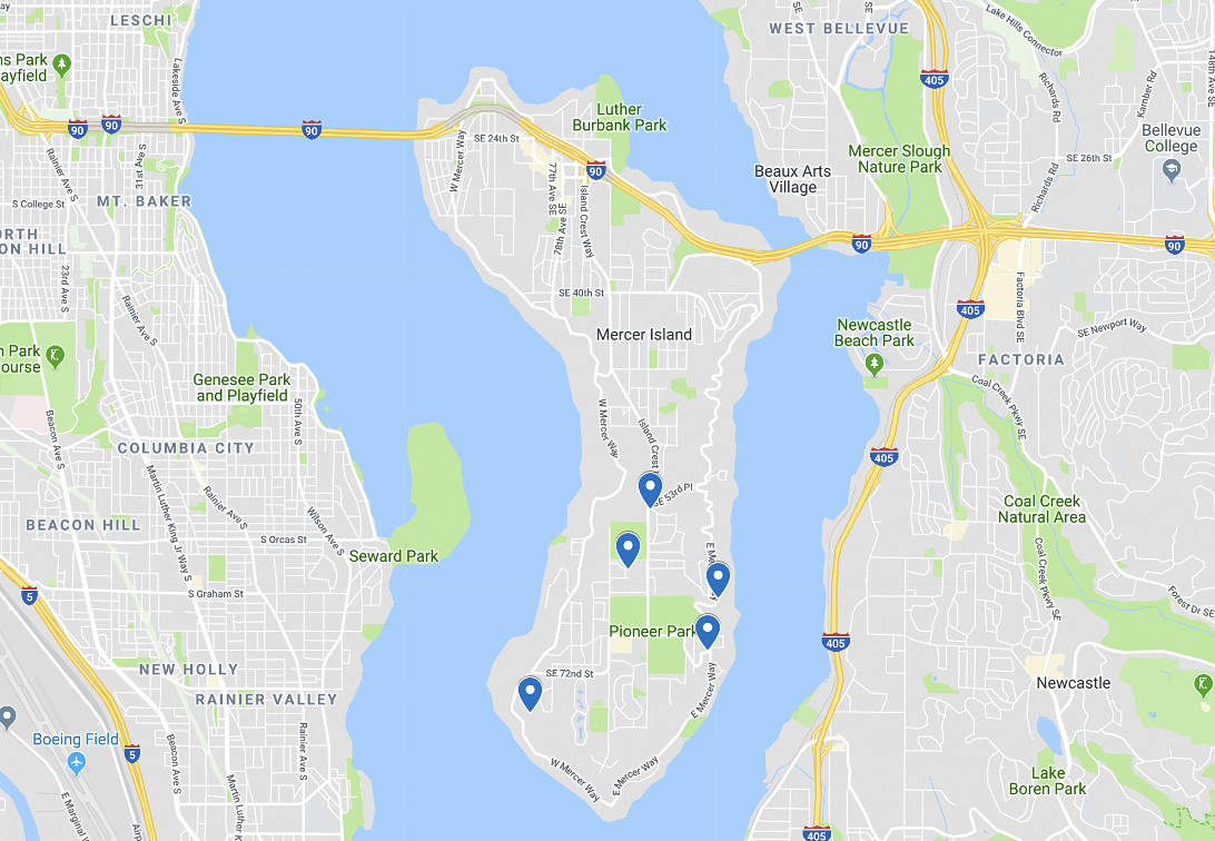 The map shows the location of one confirmed cougar sighting and four potential sightings, as reported during the Aug. 20 City Council meeting. Image by Google Maps