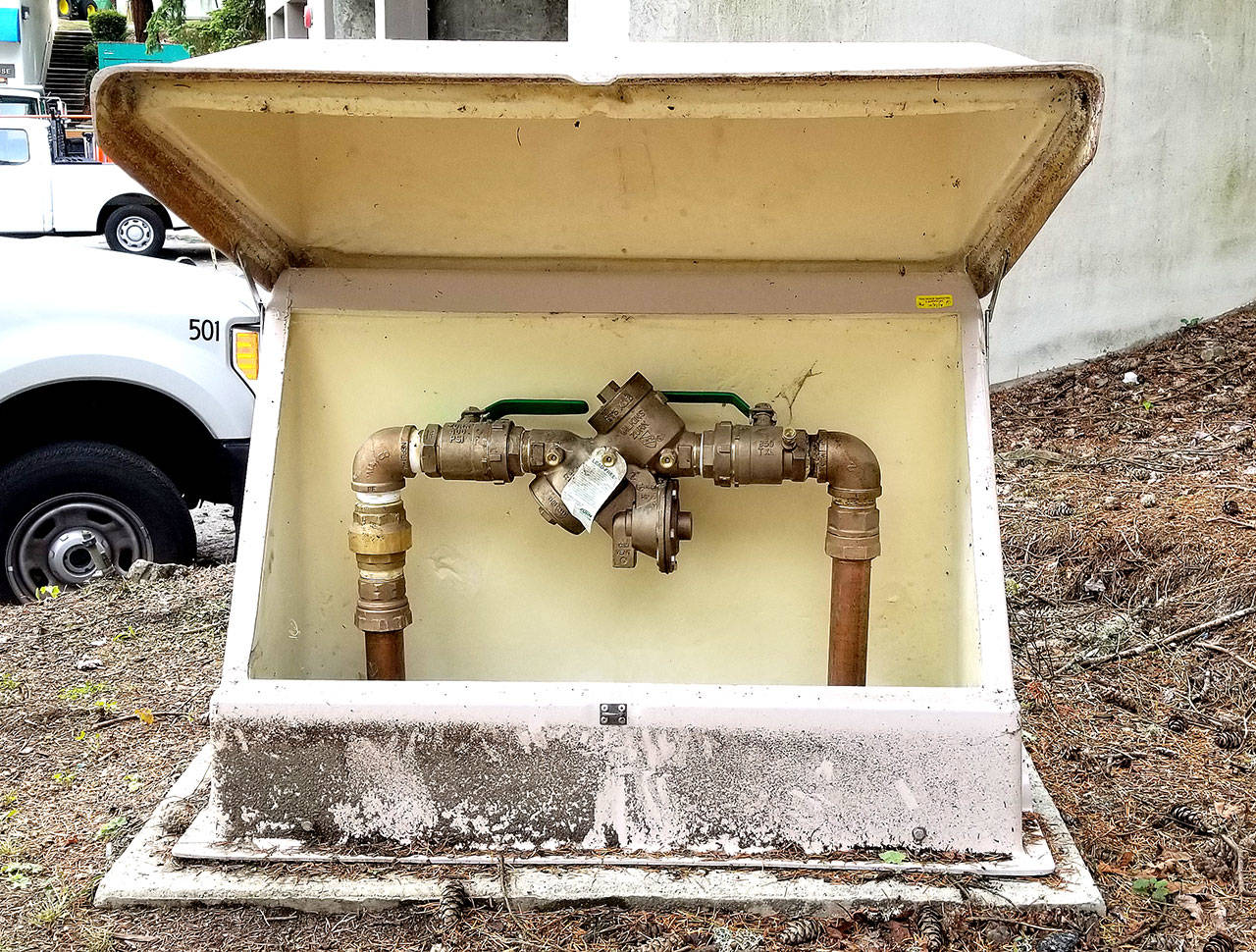 A reduced pressure backflow assembly located on a water fill station at the city maintenance yard. Photo courtesy of Brain McDaniel