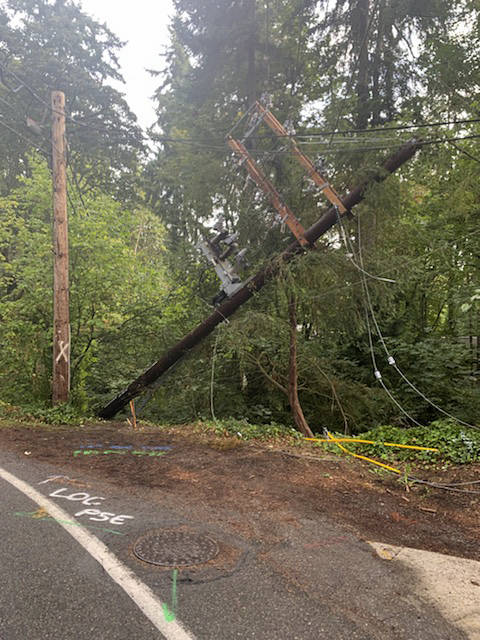 Some Puget Sound Energy customers were without power early Friday, after a car ran into a power pole along East Mercer Way. Photo courtesy of Mercer Island Police Department