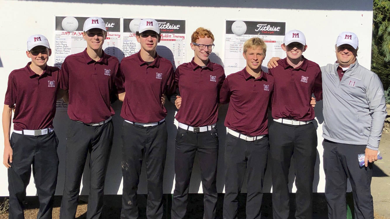 The Mercer Island boys golf team finished first at the 2A/3A KingCo medalist tournament on Oct. 14 at Snohomish Golf Course. From left to right, Spencer Smith, Ethan Evans, Jack Dilworth, Camdon Gierke, Henry Watson, Liam Kelly and head coach Tyson Peters. Photo courtesy of Tyson Peters.