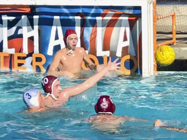 Strong defense helped the Mercer Island water polo get to the final of the San Diego Invite Water Polo Tournament from Oct. 17-19. Goalie Finn Freidland and Max Vacca (10) are pictured. Photo courtesy of Chris Vacca