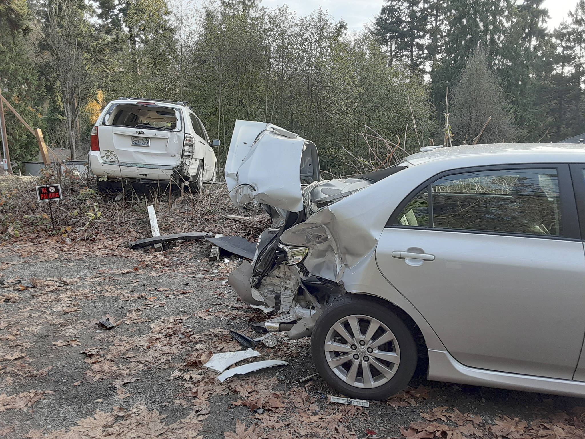 The photo shows two of the cars damaged during a car collision on Nov. 11 on West Mercer Way. Photo courtesy of Peter Dornay