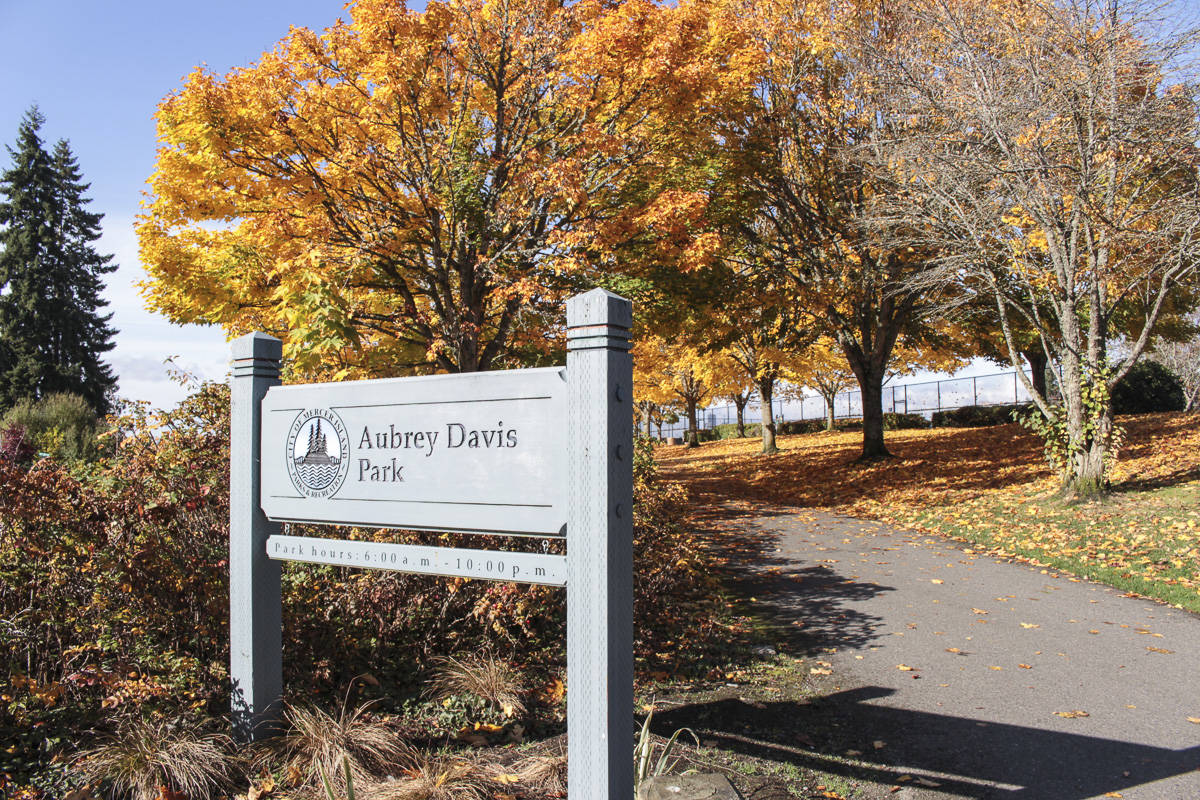 The Aubrey Davis Park sign on a sunny fall day. Natalie DeFord / staff photo