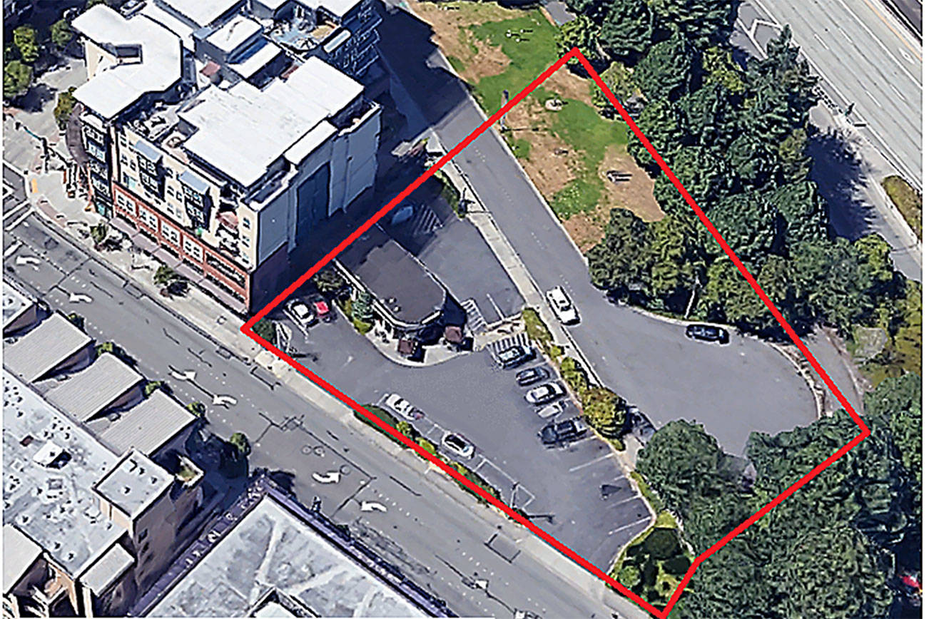 A rendering of the location and approximate footprint of the future Commuter Parking and Mixed-Use Project to be built on a combination of the former Tully’s Coffee House property, a section of WSDOT-owned parkland and a section of city-owned Sunset Highway. Courtesy of the City of Mercer Island.