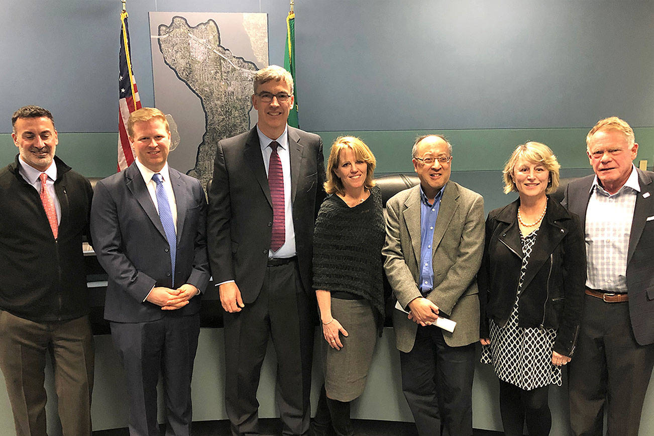 The new Mercer Island City Council. Those recently elected were sworn in Jan. 7, 2020, and leadership was appointed. From left: Salim Nice, David Rosenbaum, Craig Reynolds, Deputy Mayor Wendy Weiker, Mayor Benson Wong, Lisa Anderl, Jake Jacobson. Photo courtesy of city communications manager Ross Freeman.