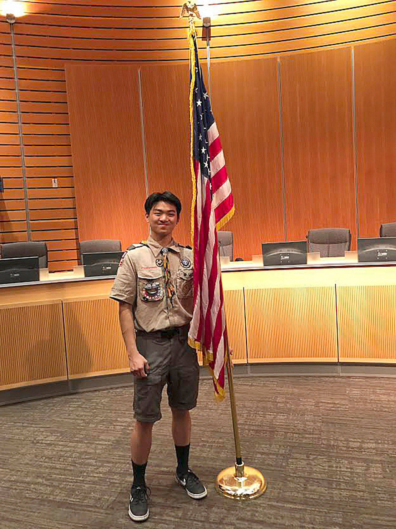 Courtesy photo                                Scouts BSA Troop 624 recognized Eric Liang at an Eagle Scout Court of Honor on January 5, 2020, at the Mercer Island Presbyterian Church.