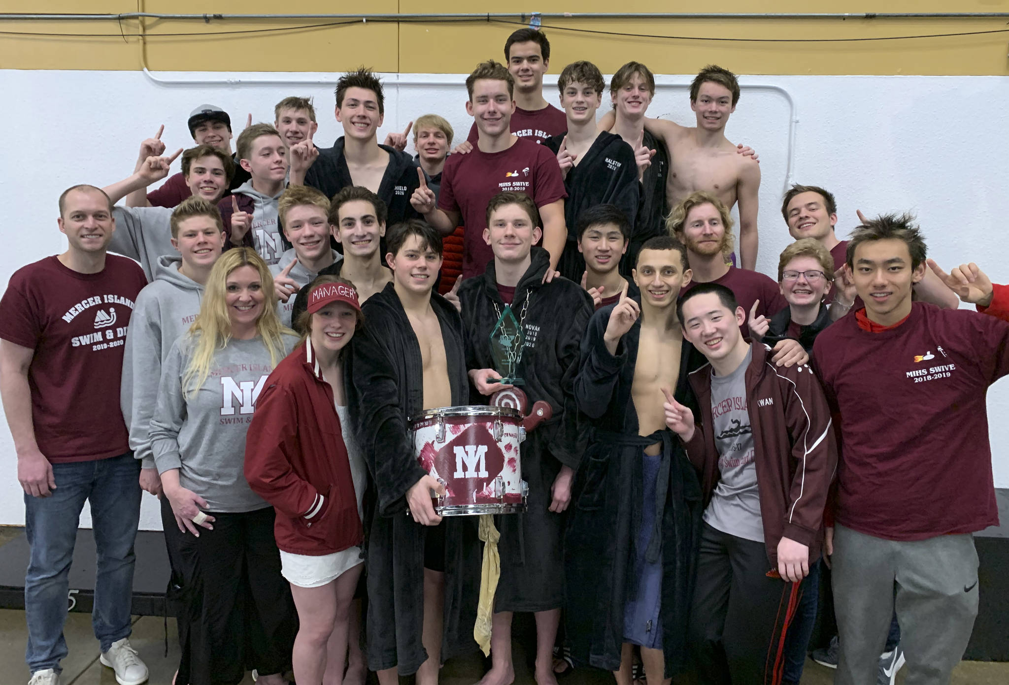 The Mercer Island boys swim and dive team finished first at the 3A Sea-King District 2 Championships on Feb. 15 at Mary Wayte Pool. Photo courtesy of Danielle Whipple