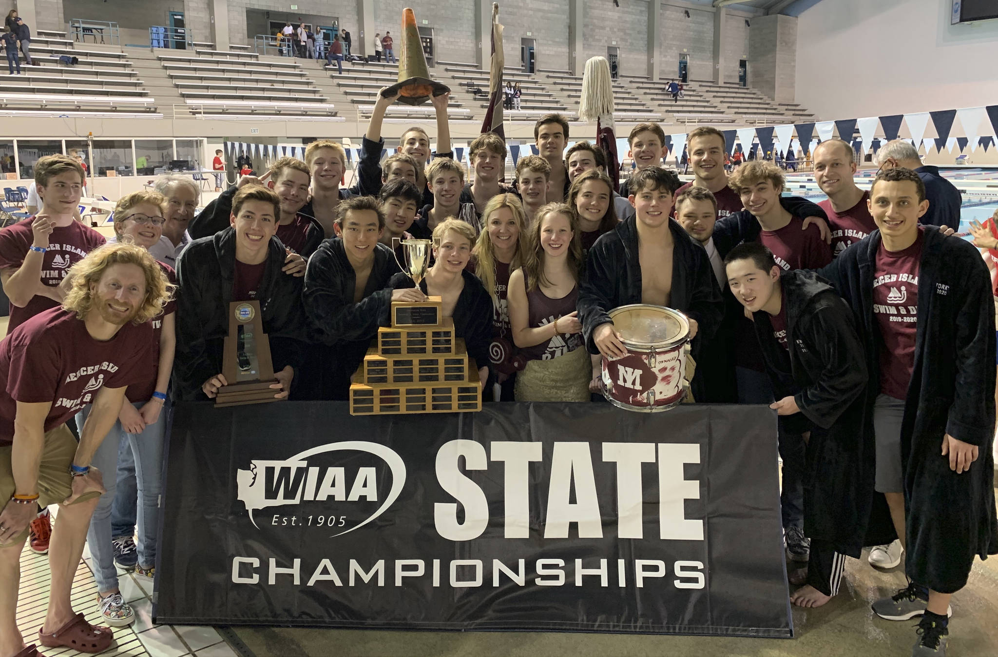 The Mercer Island boys team won the 3A state championship at the state swim meet on Feb. 22 at the King County Aquatic Center in Federal Way. The Islanders edged Bainbridge 313-289.5 to win their first state title since 2014. Courtesy photo