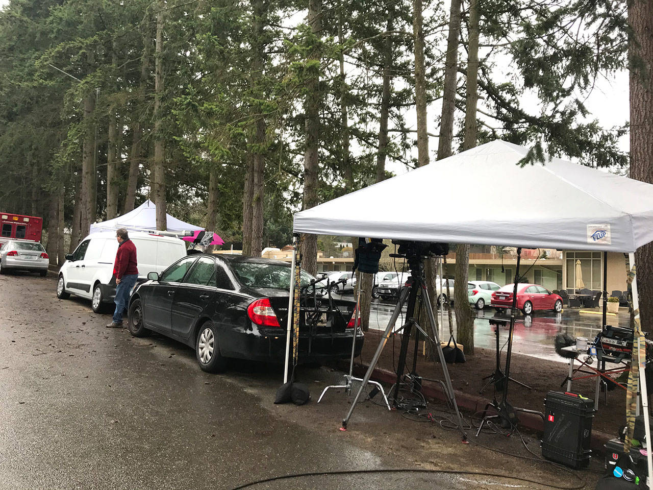 TV news tents set up in front of Life Care Center of Kirkland on March 2. Samantha Pak/staff photo