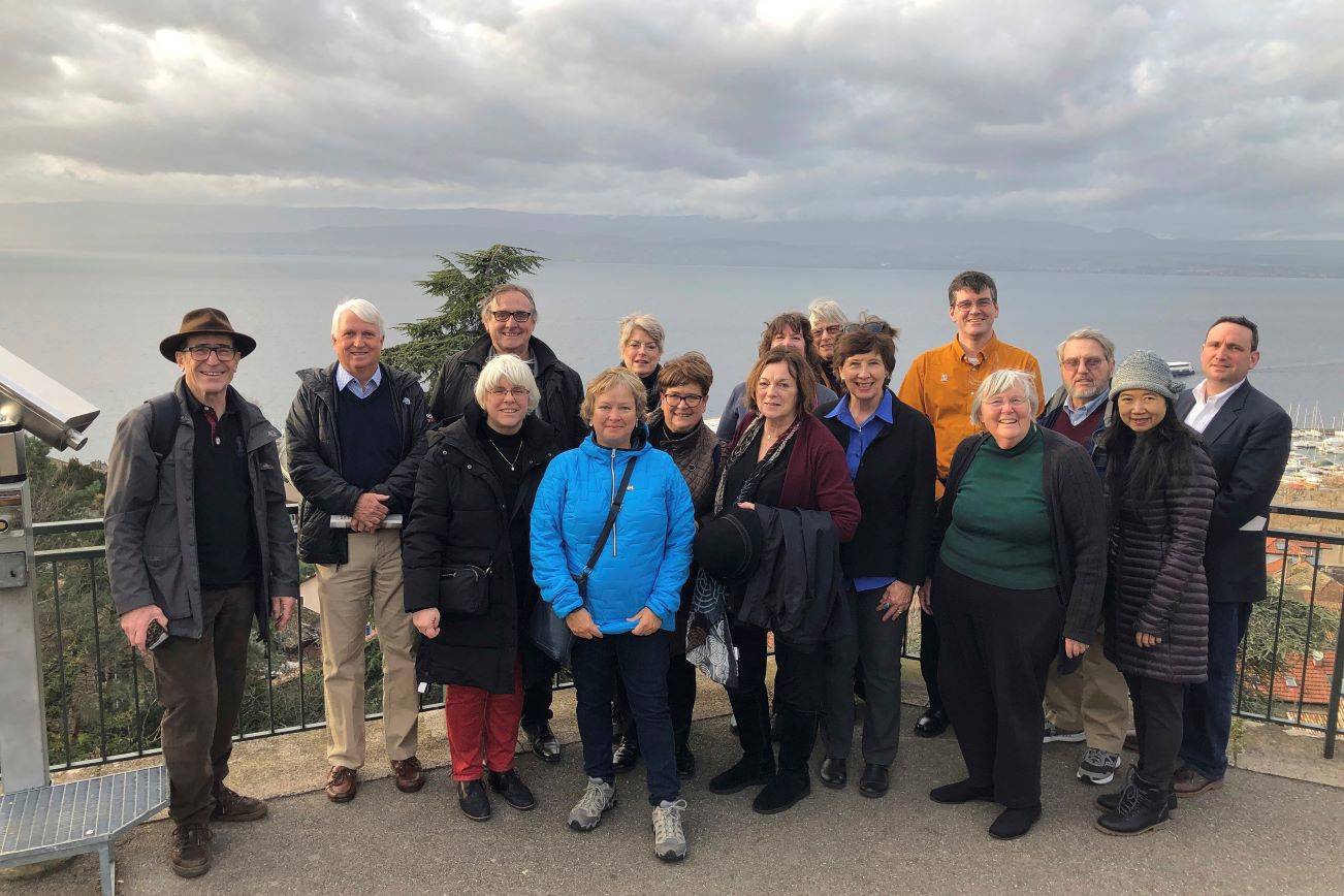 Photo courtesy of Mercer Island Sister City Association                                Most of the Mercer Island delegation in Thonon, France, overlooking Lac Leman (Lake Geneva).