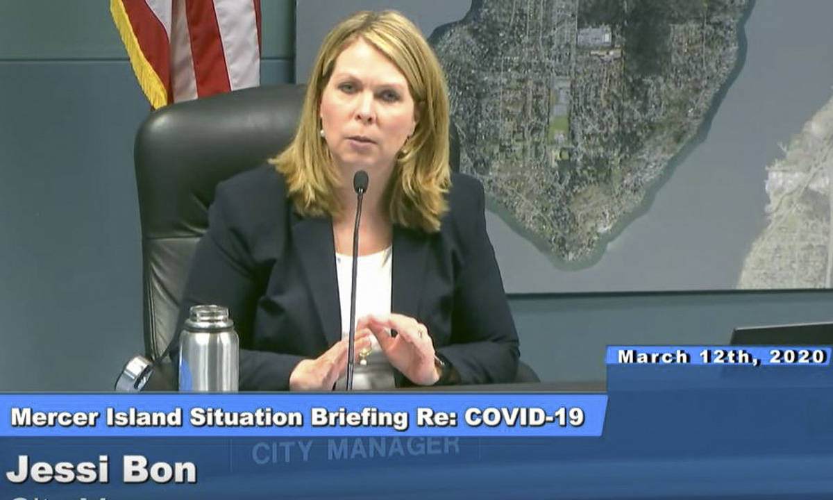 screenshot                                 Mercer Island city manager Jessi Bon speaks during a situation briefing on COVID-19.