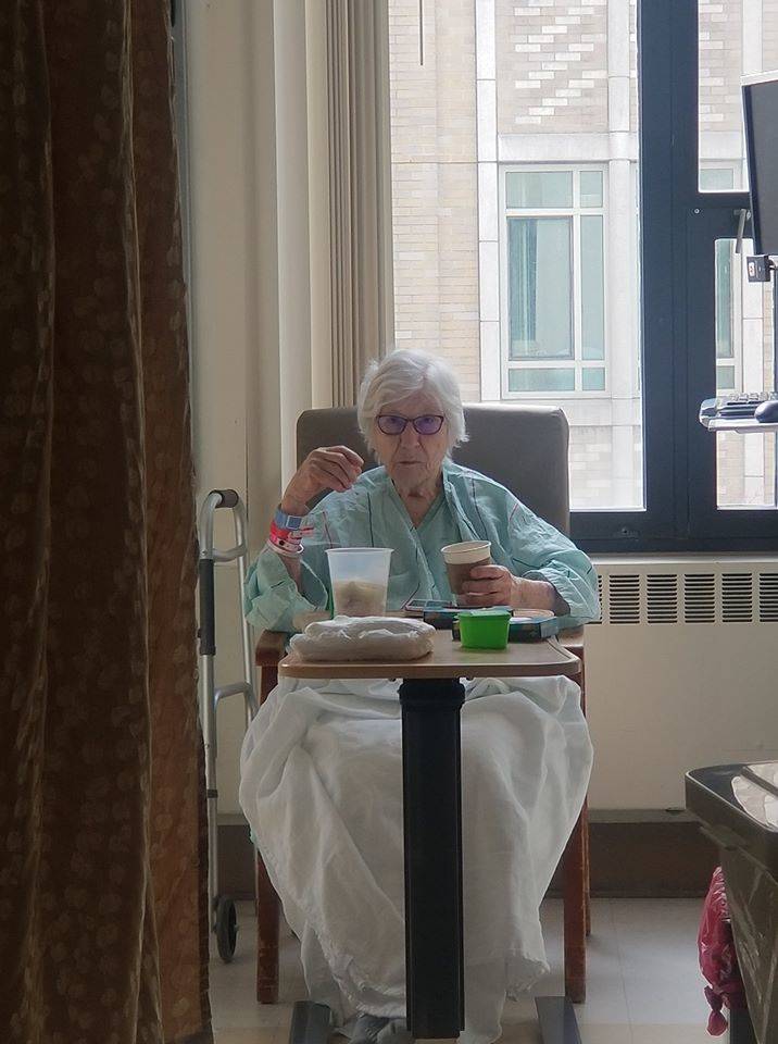 Geneva Woods, a former resident of Life Care Center of Kirkland, enjoys homemade potato soup while staying at Harborview Medical Center, which she requests from her family daily. Photo courtesy of Kate Neidigh