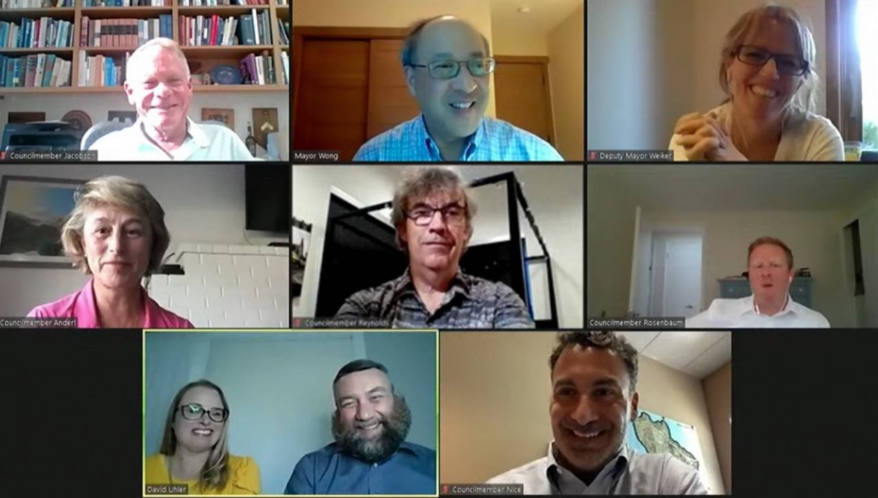 Top row, L-R: Councilmember Jake Jacobson, Mayor Benson Wong, Deputy Mayor Wendy Weiker. Middle row, L-R: Councilmembers Lisa Anderl, Craig Reynolds, David Rosenbaum. Bottom row, L-R: Citizens of the Year Kendra and David Uhler and Councilmember Salim Nice. Screengrab courtesy city of Mercer Island