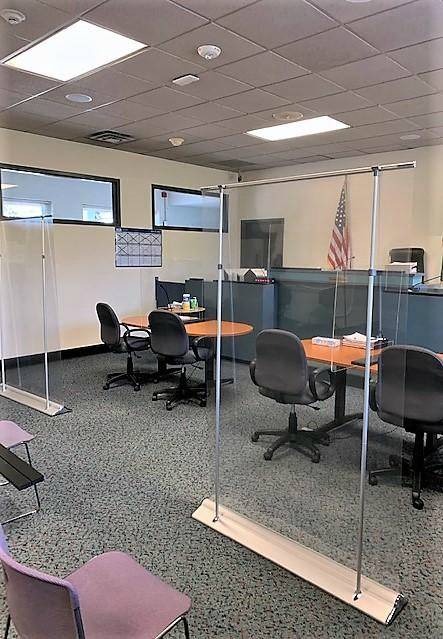 Mercer Island’s Municipal Court is set to reopen the week of Aug. 24 and will feature new plexiglass “sneeze guards” (pictured) as a coronavirus safety measure. The dividers have also been installed in various other city service counter locations. Other safety protocols will include a limited number of visitors (with everyone inside required to wear a protective mask or other face covering) and restricted flow through the building. Located in City Hall, 9611 SE 36th St., the court will begin holding hearings on its large backlog of cases. Photo courtesy of the city of Mercer Island
