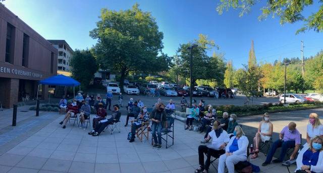 Evergreen Covenant Church parishioners attend a parking-lot service on Sept. 6. Courtesy photo