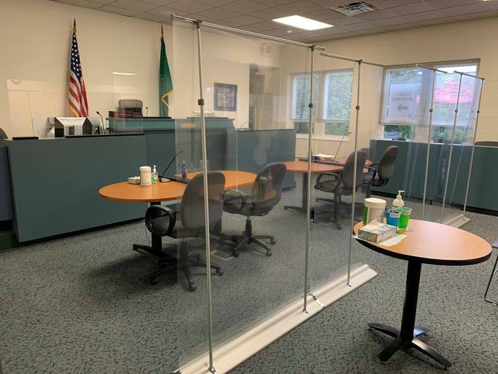 The inside of the Mercer Island courtroom now features plexiglass “sneeze guards.” Courtesy photo